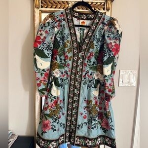 FARM Rio Red and Green Tie Front Sundress with Puff Sleeves